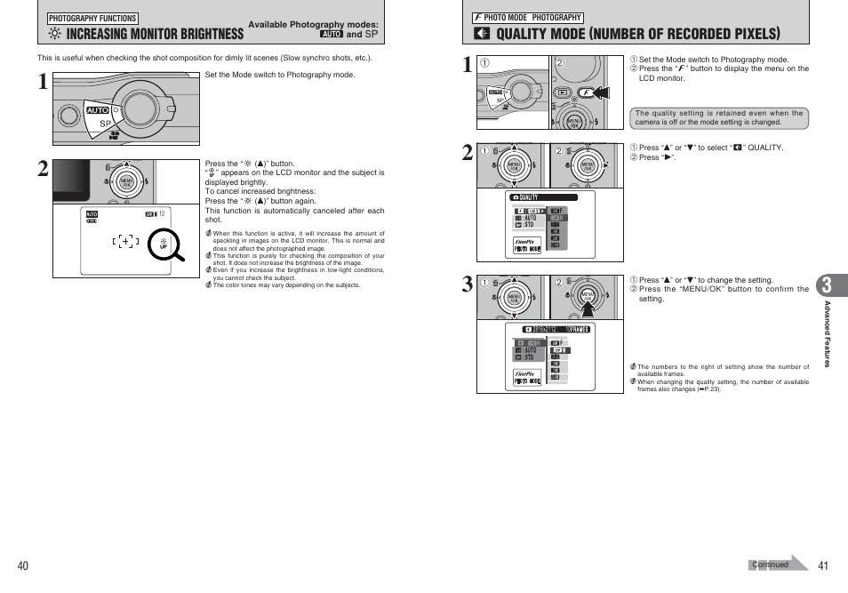 Quality mode (number of recorded pixels), FI increasing monitor brightness | FujiFilm A470 User Manual | Page 21 / 61