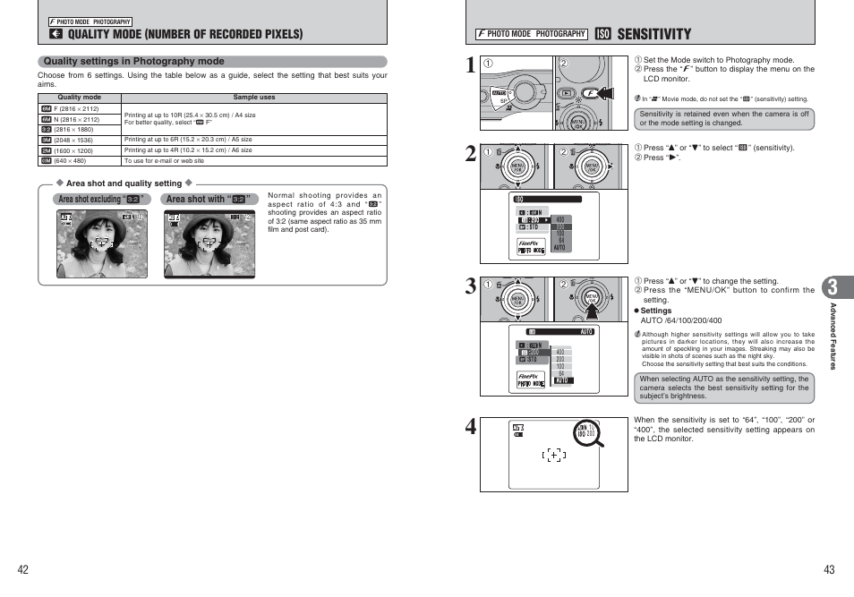 Û sensitivity, Quality mode (number of recorded pixels) | FujiFilm A470 User Manual | Page 22 / 61