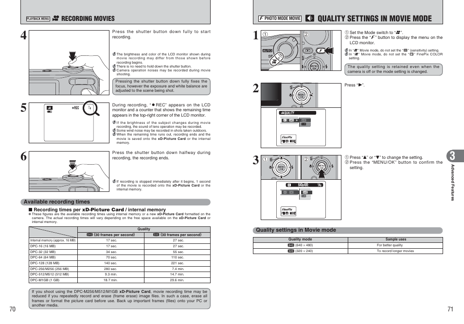 Quality settings in movie mode, R recording movies | FujiFilm A470 User Manual | Page 36 / 61