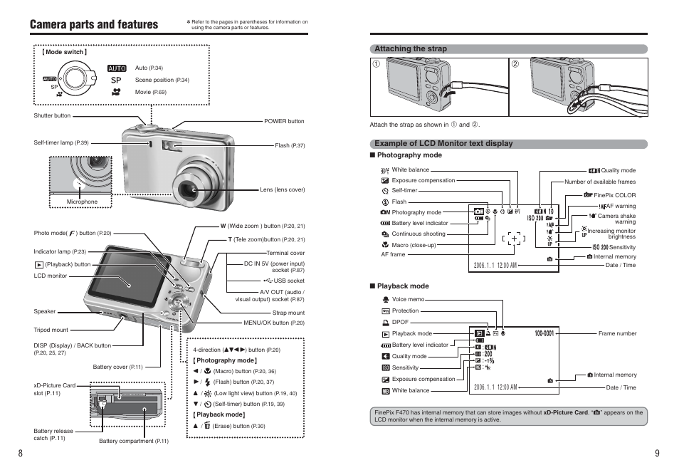 Camera parts and features | FujiFilm A470 User Manual | Page 5 / 61