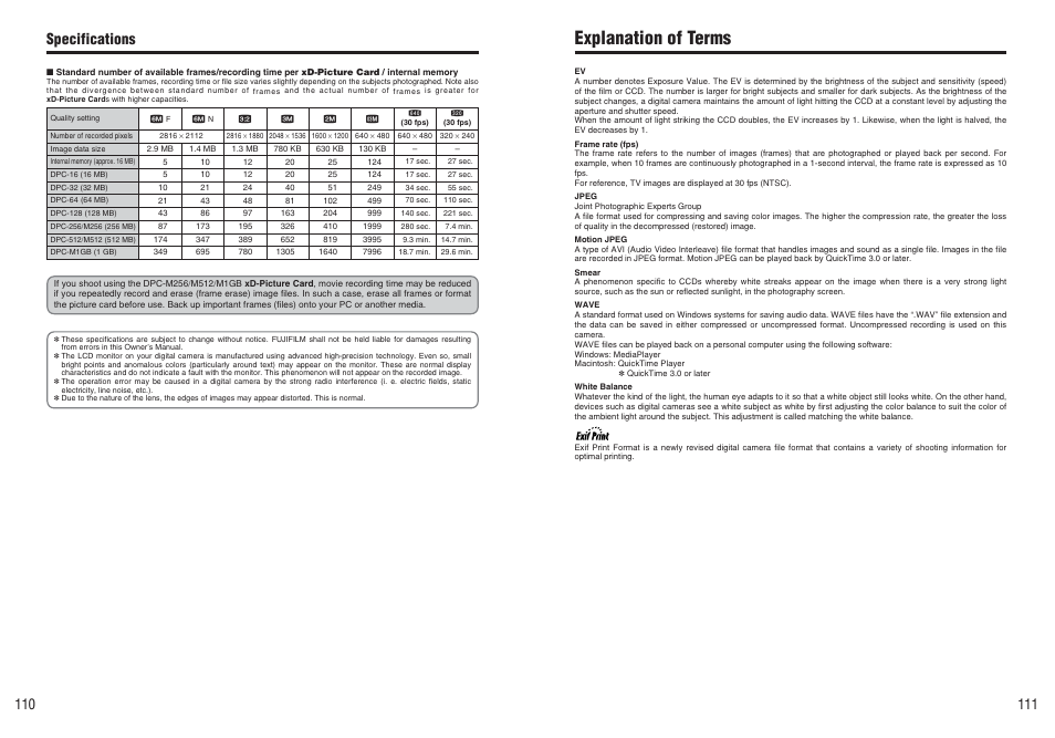Explanation of terms, Specifications | FujiFilm A470 User Manual | Page 56 / 61