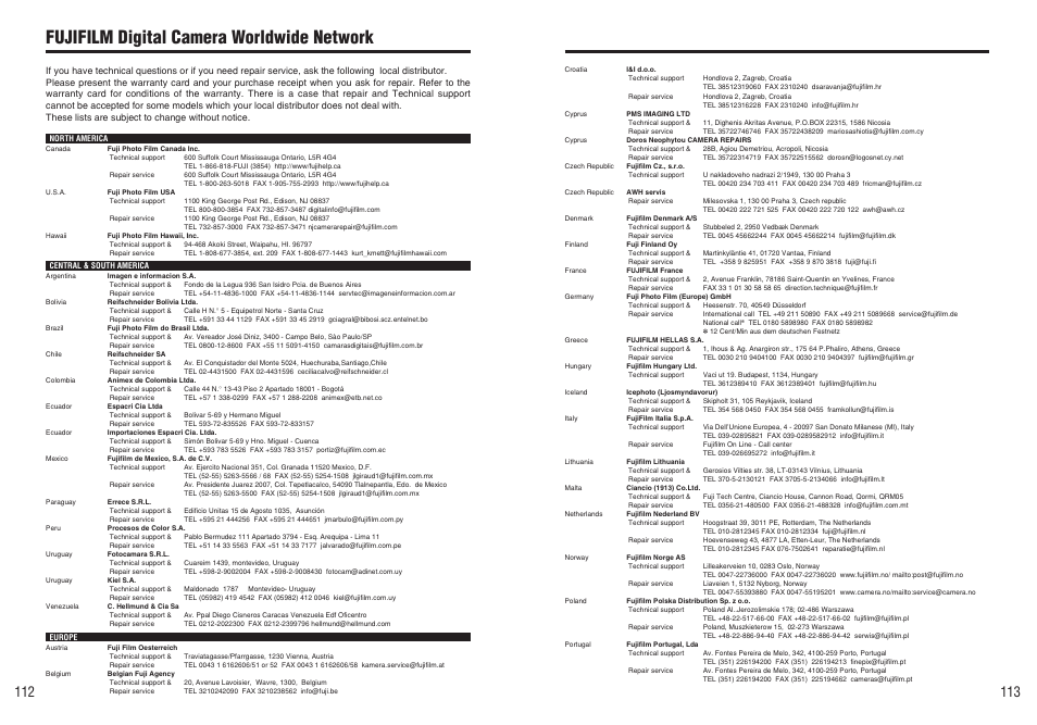 Fujifilm digital camera worldwide network | FujiFilm A470 User Manual | Page 57 / 61