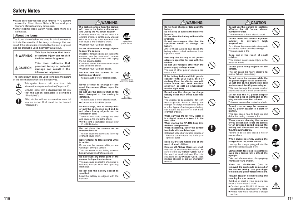 Warning | FujiFilm A470 User Manual | Page 59 / 61