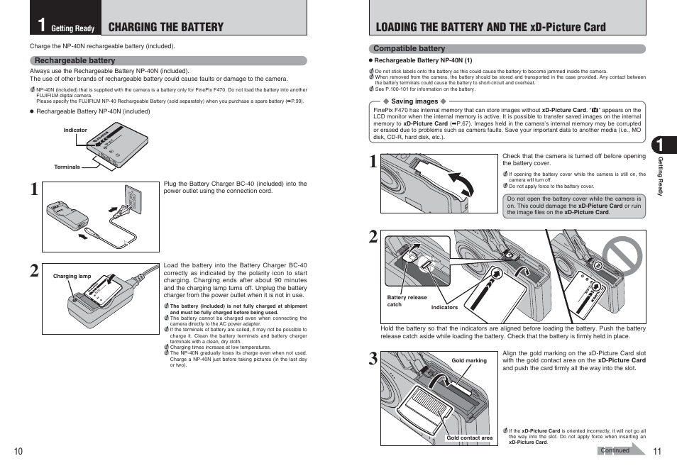 Charging the battery, Loading the battery and the xd-picture card | FujiFilm A470 User Manual | Page 6 / 61
