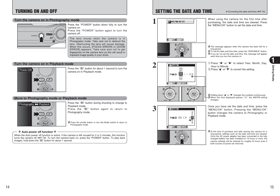 Turning on and off, Setting the date and time | FujiFilm A470 User Manual | Page 8 / 61