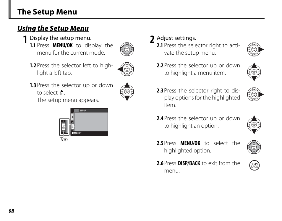 The setup menu, Using the setup menu | FujiFilm FinePix HS30EXR User Manual | Page 112 / 146