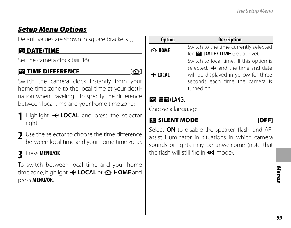 Setup menu options | FujiFilm FinePix HS30EXR User Manual | Page 113 / 146