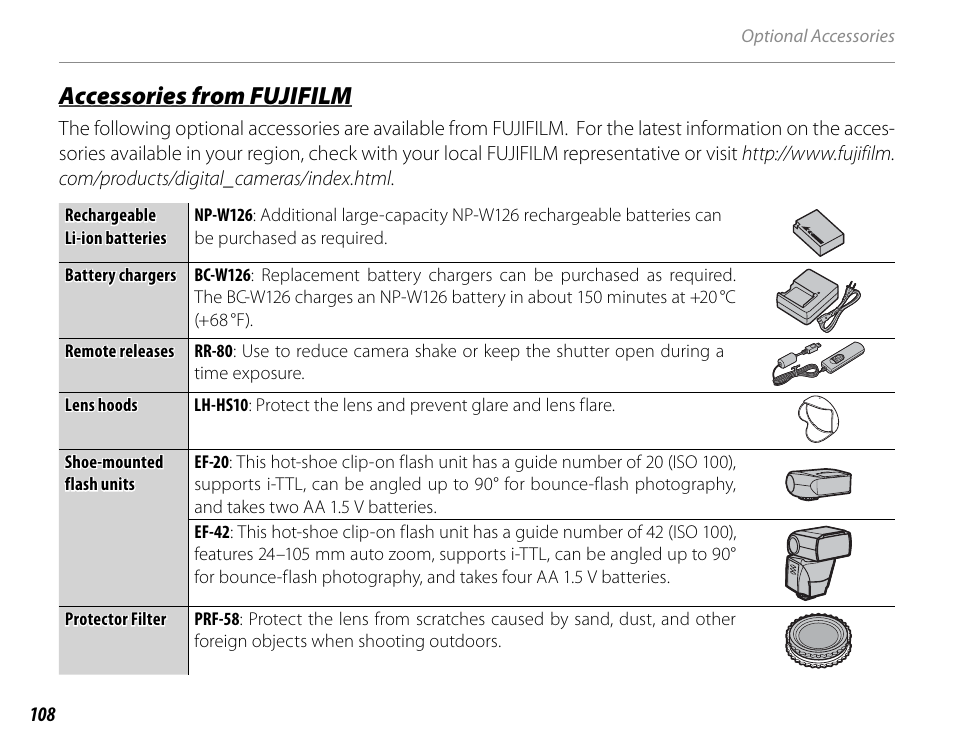 Accessories from fujifilm | FujiFilm FinePix HS30EXR User Manual | Page 122 / 146