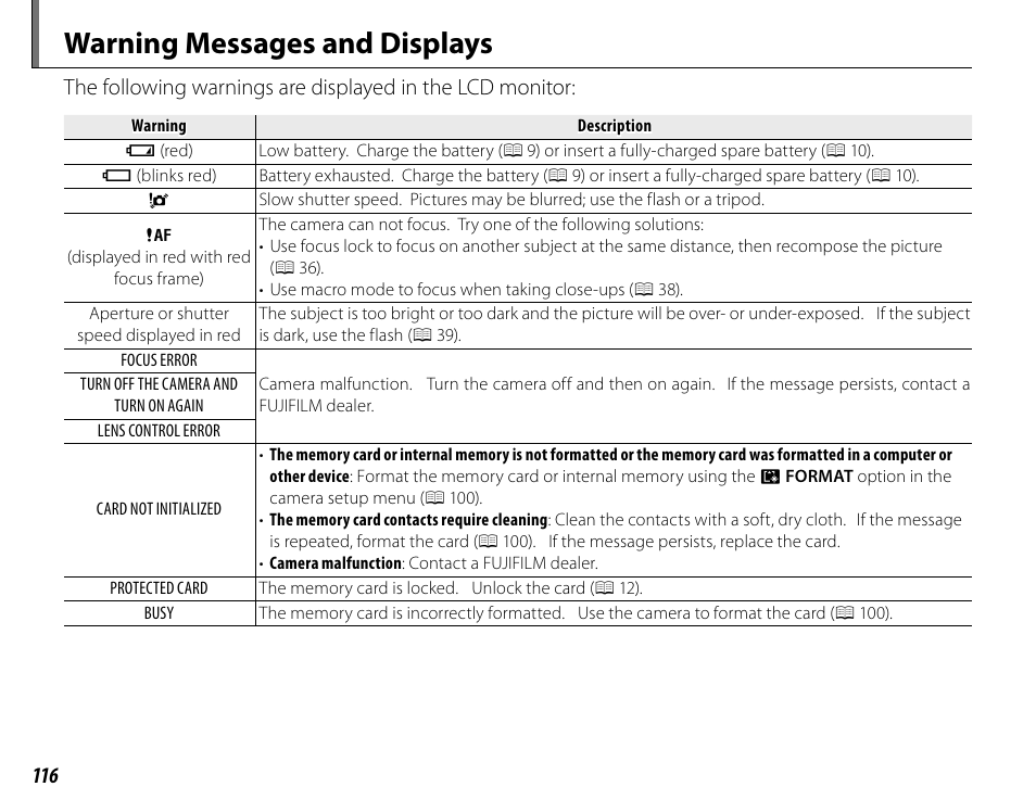 Warning messages and displays | FujiFilm FinePix HS30EXR User Manual | Page 130 / 146