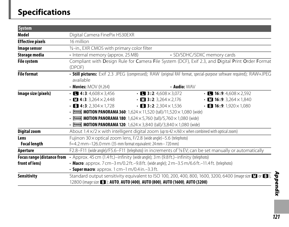 Specifications | FujiFilm FinePix HS30EXR User Manual | Page 135 / 146