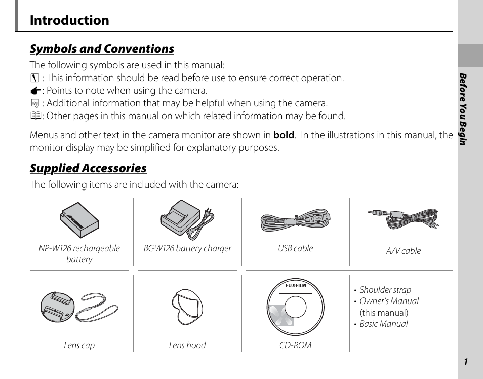 Introduction, Symbols and conventions, Supplied accessories | FujiFilm FinePix HS30EXR User Manual | Page 15 / 146
