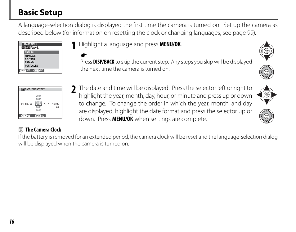 Basic setup, Highlight a language and press menu/ok | FujiFilm FinePix HS30EXR User Manual | Page 30 / 146