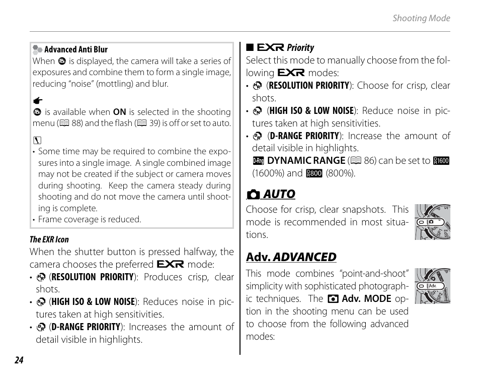 Bb auto auto, Adv. adv. advanced advanced | FujiFilm FinePix HS30EXR User Manual | Page 38 / 146