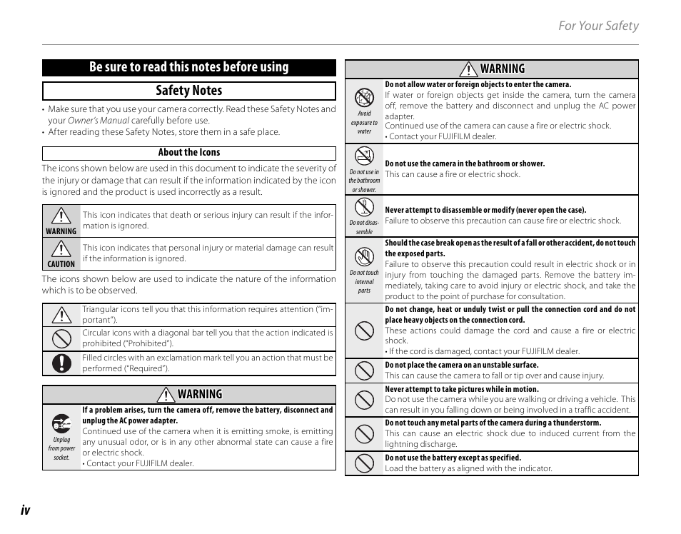 For your safety, Warning | FujiFilm FinePix HS30EXR User Manual | Page 4 / 146