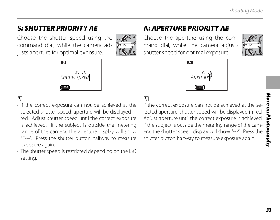 Ss : shutter priority ae : shutter priority ae, Aa : aperture priority ae : aperture priority ae | FujiFilm FinePix HS30EXR User Manual | Page 47 / 146