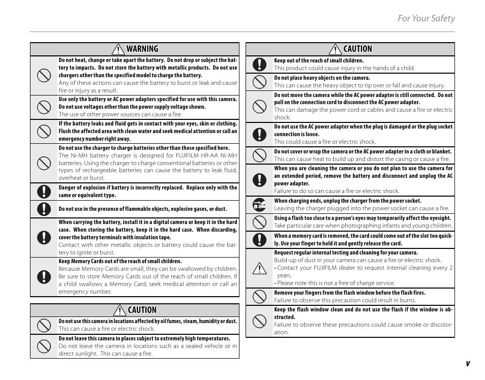 For your safety warning warning, Caution | FujiFilm FinePix HS30EXR User Manual | Page 5 / 146