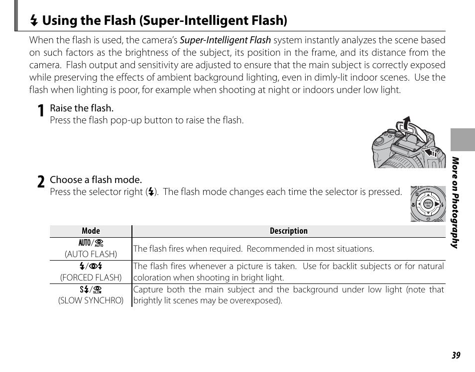 N using the flash (super-intelligent flash) | FujiFilm FinePix HS30EXR User Manual | Page 53 / 146