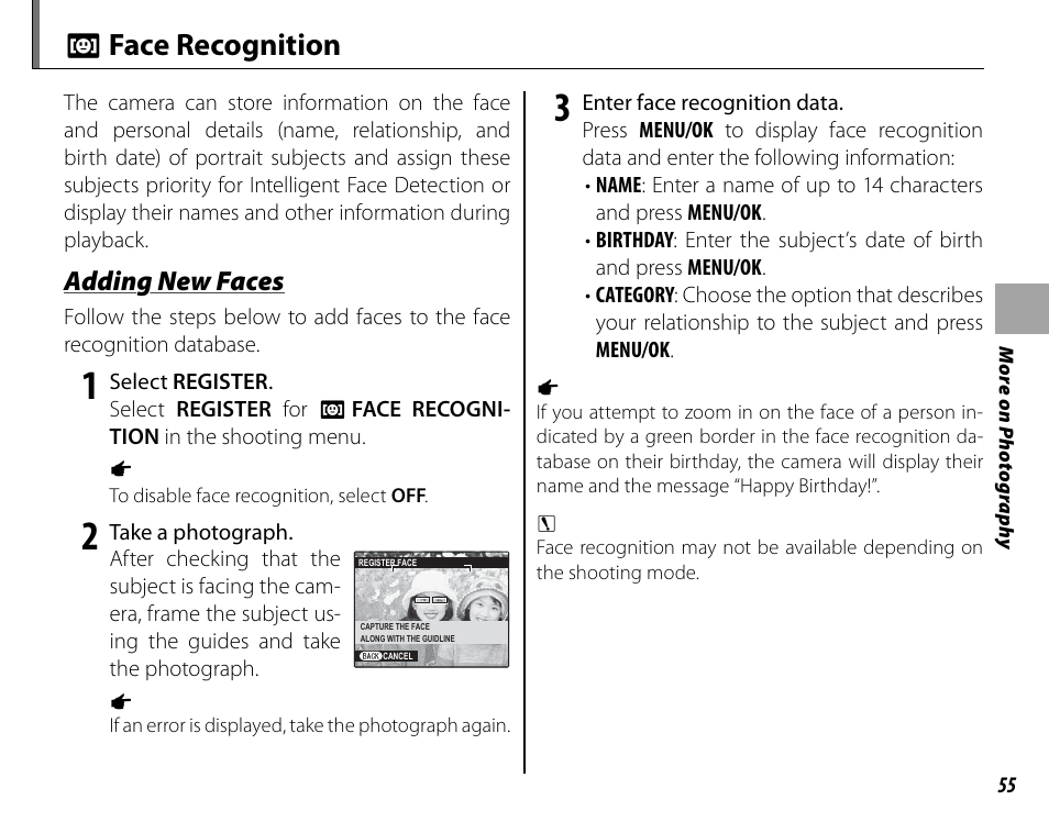 N face recognition, Adding new faces | FujiFilm FinePix HS30EXR User Manual | Page 69 / 146