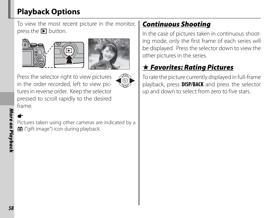 Playback options, Continuous shooting | FujiFilm FinePix HS30EXR User Manual | Page 72 / 146