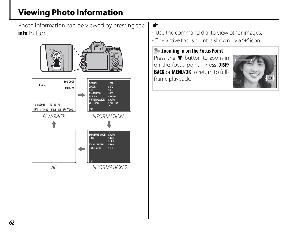 Viewing photo information, Use the command dial to view other images, The active focus point is shown by a “+” icon | Playback information 1, Af information 2 a | FujiFilm FinePix HS30EXR User Manual | Page 76 / 146