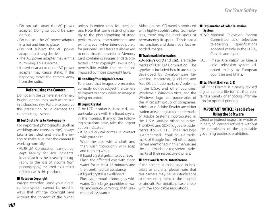 Viii, For your safety | FujiFilm FinePix HS30EXR User Manual | Page 8 / 146