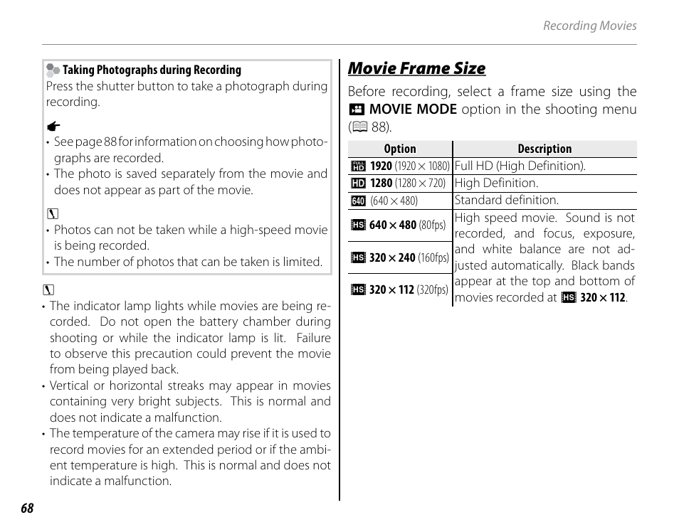 Movie frame size | FujiFilm FinePix HS30EXR User Manual | Page 82 / 146