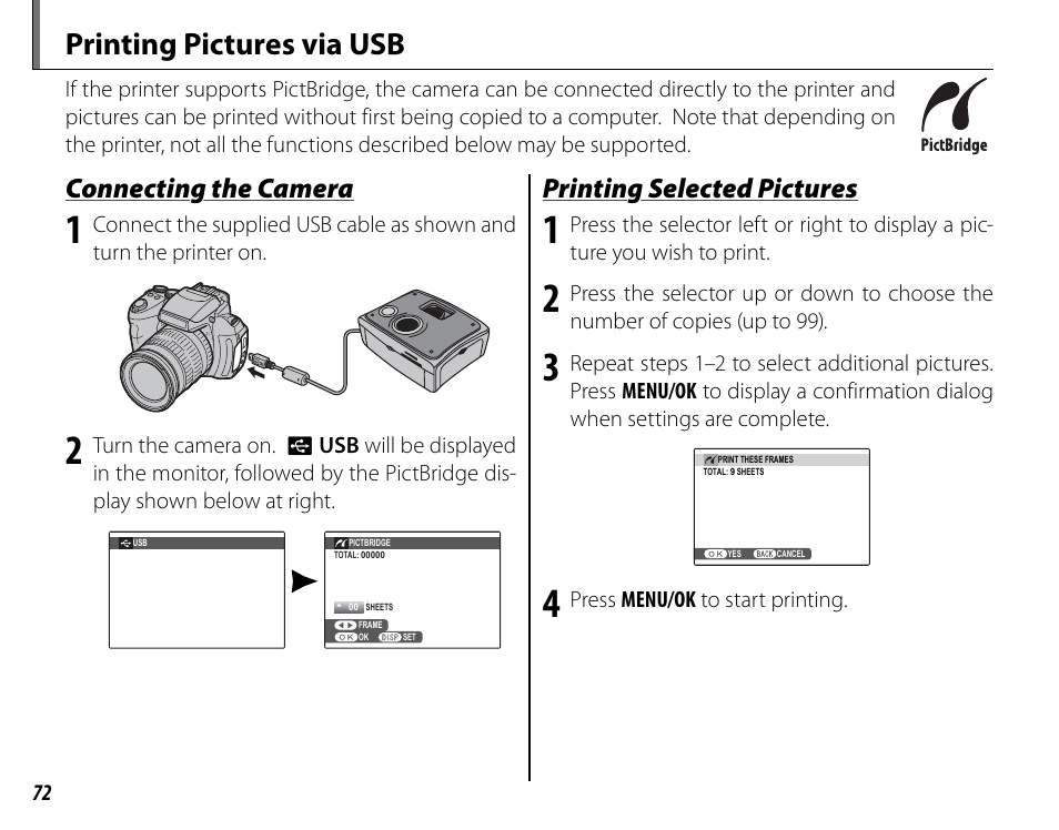 Printing pictures via usb, Connecting the camera, Printing selected pictures | FujiFilm FinePix HS30EXR User Manual | Page 86 / 146