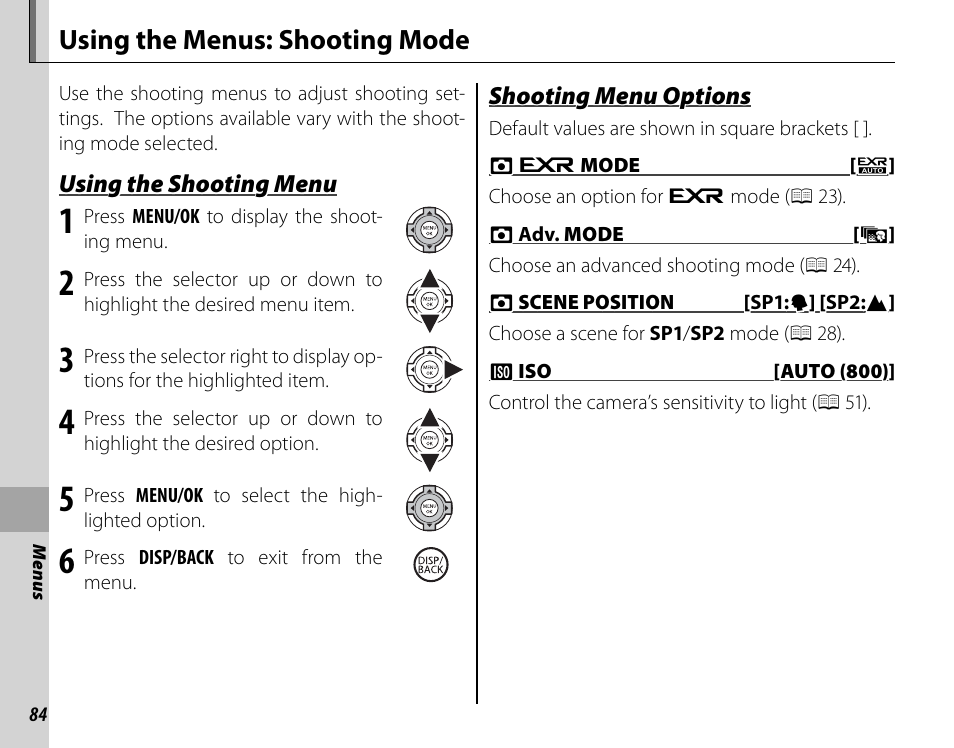 Using the menus: shooting mode | FujiFilm FinePix HS30EXR User Manual | Page 98 / 146