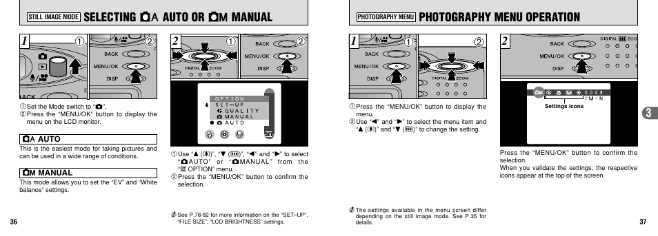 Selecting 1 auto or 2 manual, Photography menu operation | FujiFilm FinePix30i User Manual | Page 19 / 59