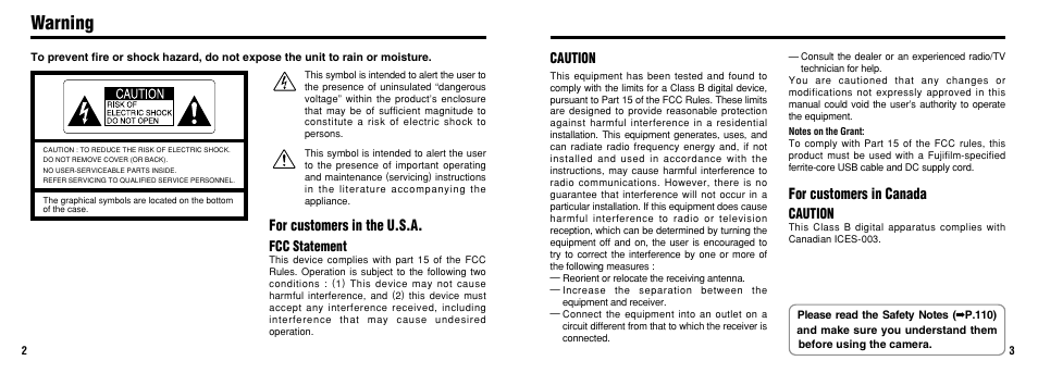 Warning, For customers in the u.s.a, For customers in canada | Fcc statement, Caution | FujiFilm FinePix30i User Manual | Page 2 / 59