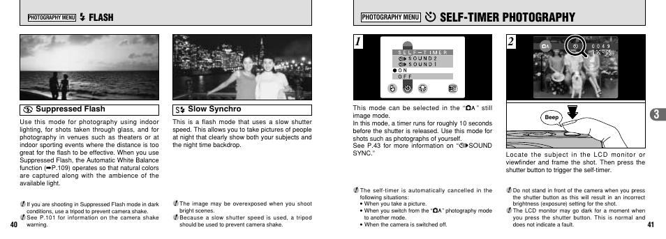 O self-timer photography, Y flash | FujiFilm FinePix30i User Manual | Page 21 / 59