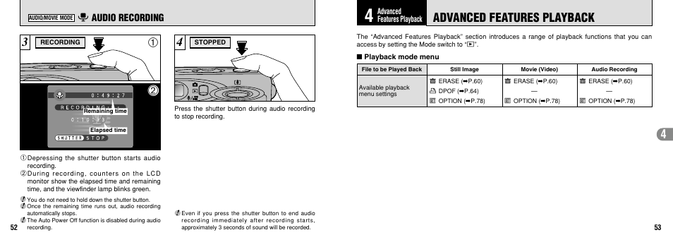 Advanced features playback, 7 audio recording | FujiFilm FinePix30i User Manual | Page 27 / 59