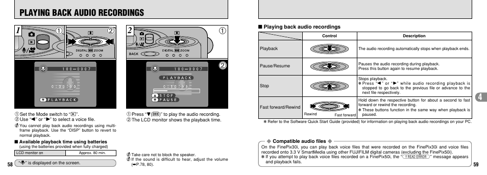 Playing back audio recordings | FujiFilm FinePix30i User Manual | Page 30 / 59