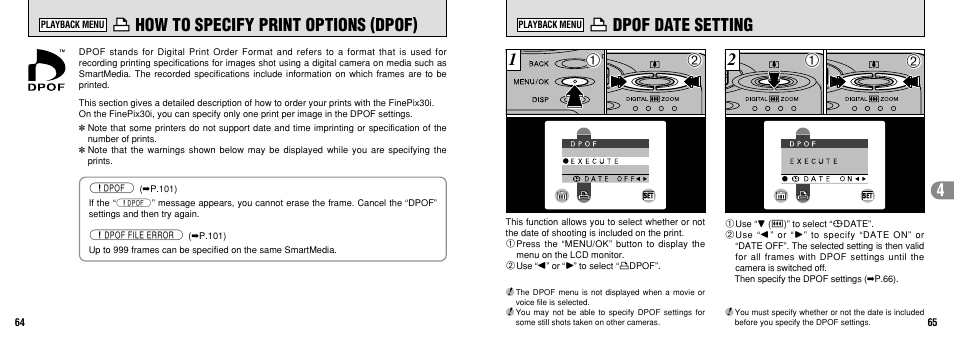 How to specify print options (dpof), Dpof date setting | FujiFilm FinePix30i User Manual | Page 33 / 59