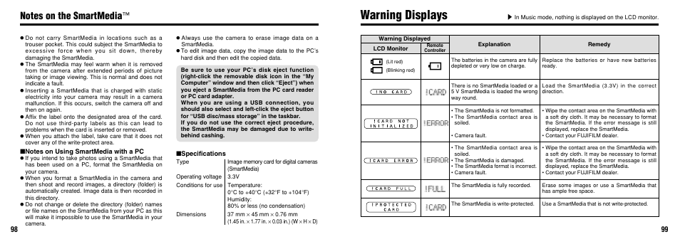 Warning displays | FujiFilm FinePix30i User Manual | Page 50 / 59