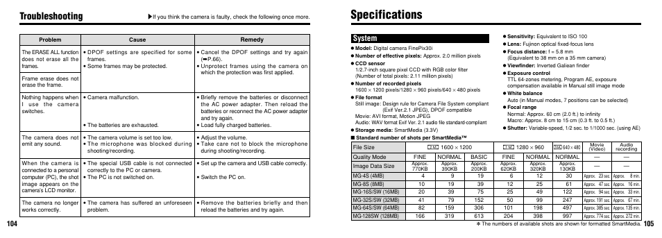 Specifications, Troubleshooting, System | FujiFilm FinePix30i User Manual | Page 53 / 59