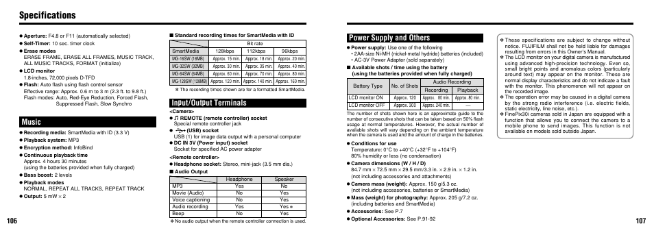 Specifications, Music, Input/output terminals power supply and others | FujiFilm FinePix30i User Manual | Page 54 / 59