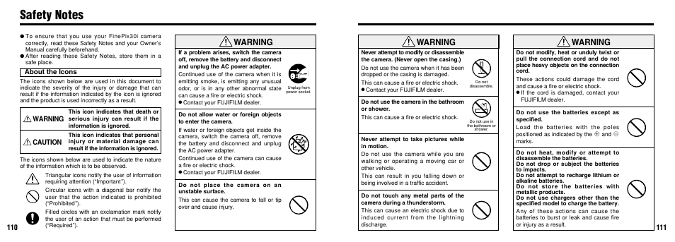 Warning, Caution | FujiFilm FinePix30i User Manual | Page 56 / 59