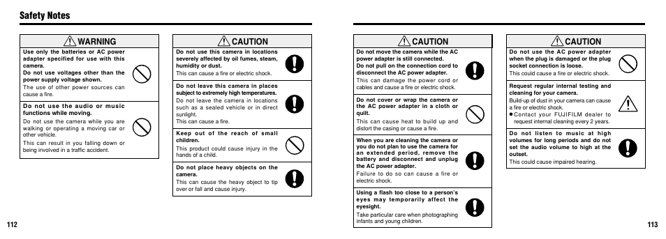 Warning caution, Caution | FujiFilm FinePix30i User Manual | Page 57 / 59