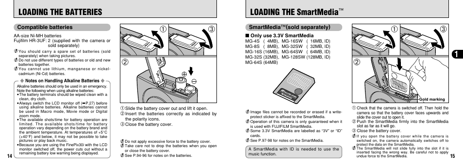 Loading the batteries, Loading the smartmedia | FujiFilm FinePix30i User Manual | Page 8 / 59