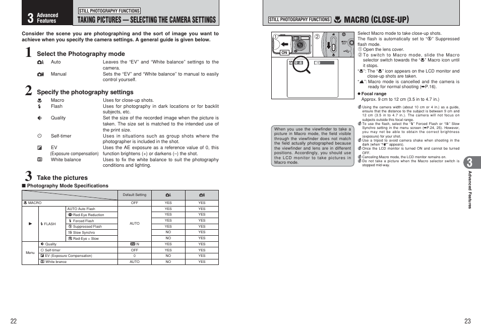 E macro (close-up), Taking pictures — selecting the camera settings | FujiFilm FinePix A120 User Manual | Page 12 / 43