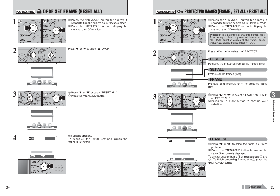 I protecting images (frame / set all / reset all), U dpof set frame (reset all) | FujiFilm FinePix A120 User Manual | Page 18 / 43