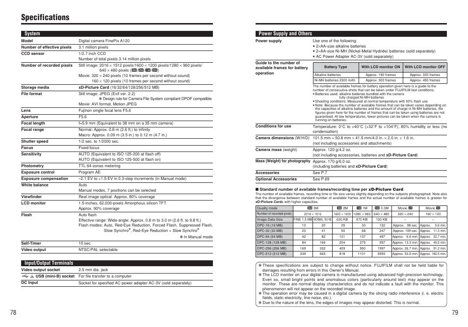 Specifications | FujiFilm FinePix A120 User Manual | Page 40 / 43