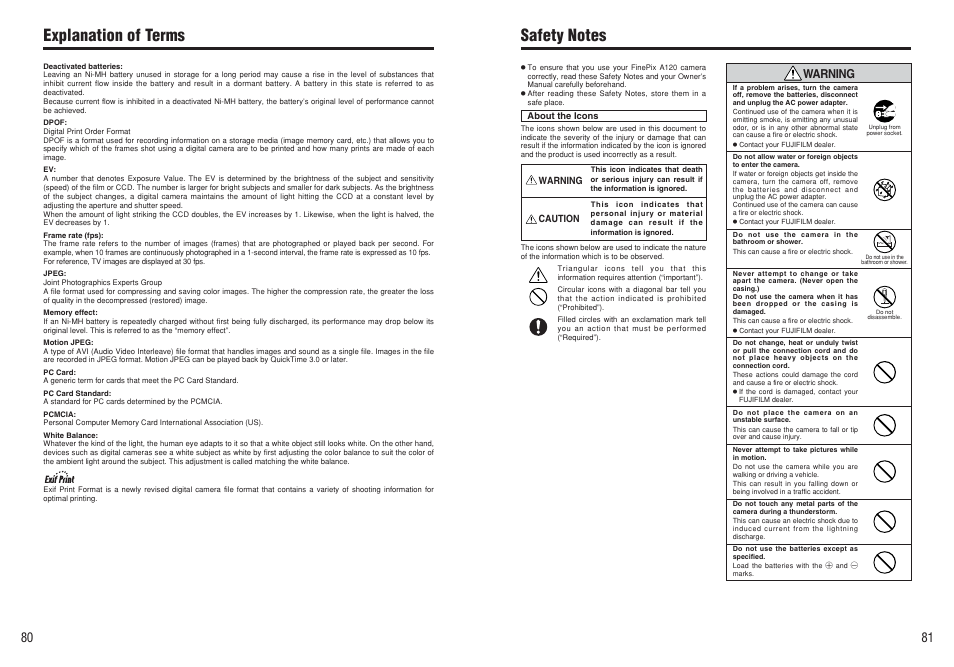 Explanation of terms, Warning | FujiFilm FinePix A120 User Manual | Page 41 / 43