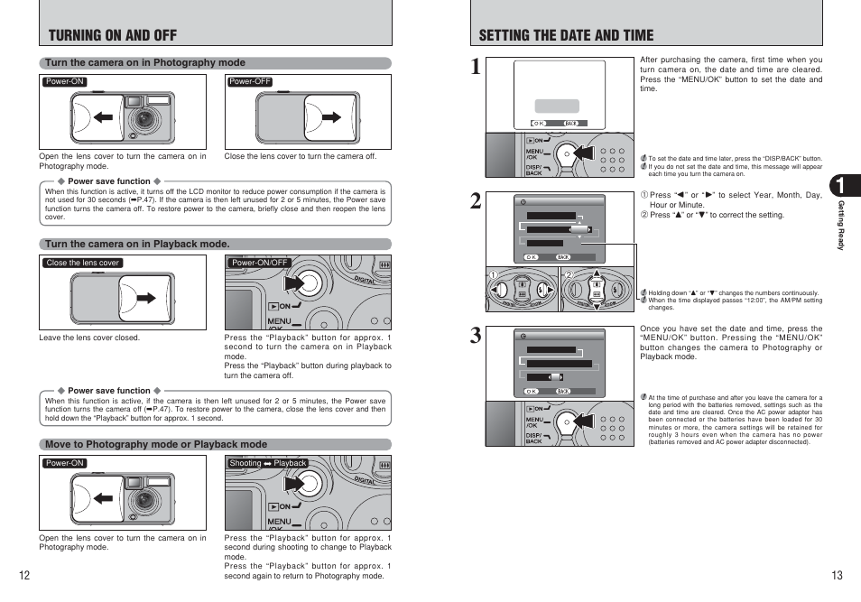 Turning on and off setting the date and time | FujiFilm FinePix A120 User Manual | Page 7 / 43