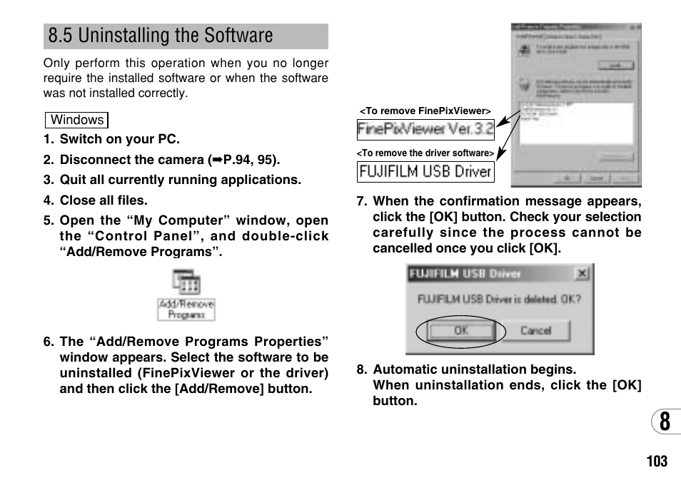 5 uninstalling the software | FujiFilm FinePix A303 User Manual | Page 103 / 132