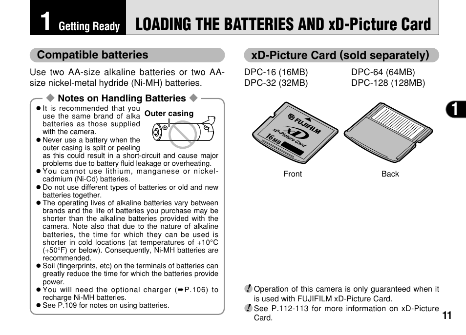 Loading the batteries and xd-picture card, Getting ready, Xd-picture card (sold separately) | Compatible batteries | FujiFilm FinePix A303 User Manual | Page 11 / 132