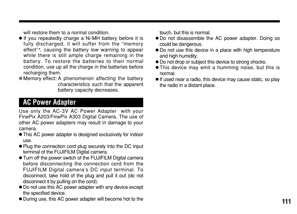 Ac power adapter | FujiFilm FinePix A303 User Manual | Page 111 / 132