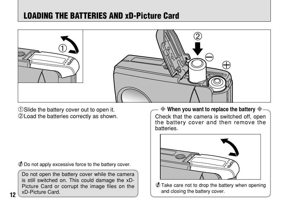 Loading the batteries and xd-picture card | FujiFilm FinePix A303 User Manual | Page 12 / 132