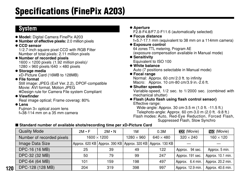 Specifications (finepix a203), System | FujiFilm FinePix A303 User Manual | Page 120 / 132